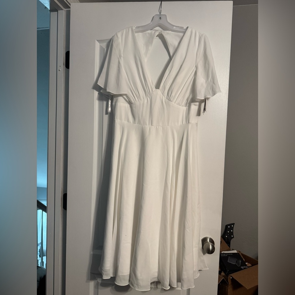 David's Bridal White V-Neck Flutter Sleeve Midi Dress